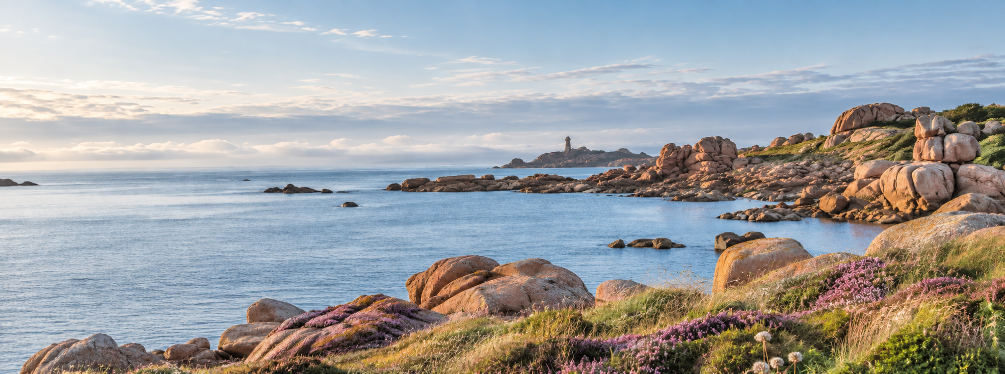 La côte de Granit Rose, ses rochers et son phare au bord de la mer en Bretagne